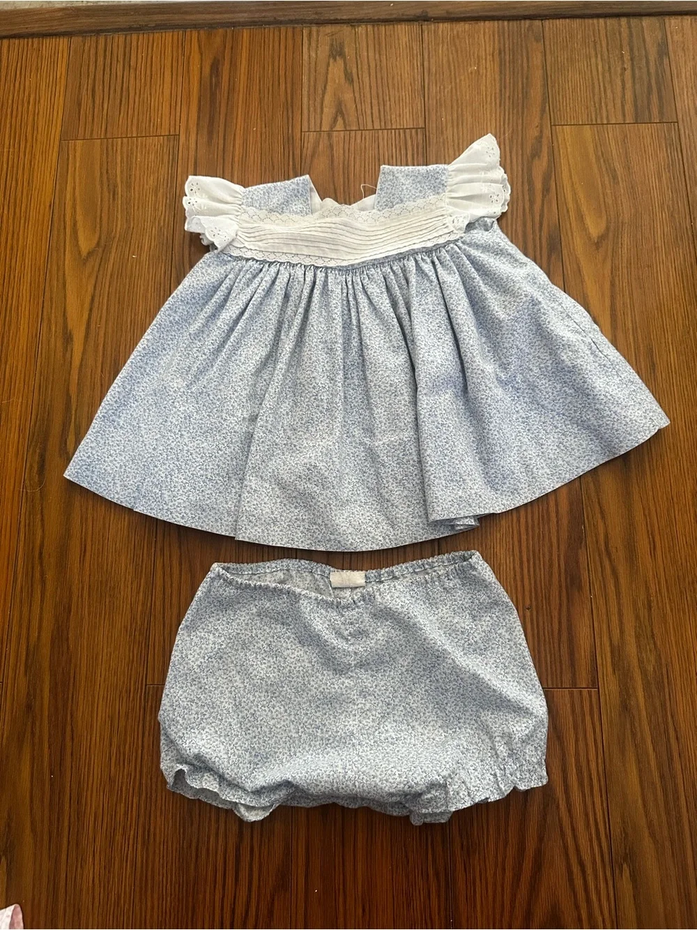 Vintage Blue Floral Smocked Baby Dress with Bloomers